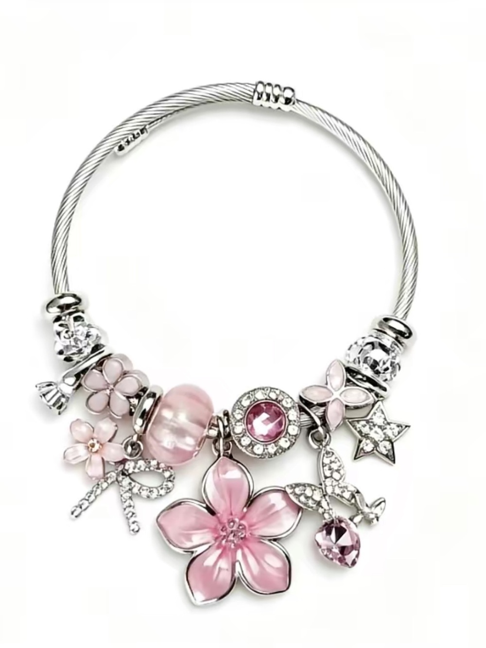Silver Cable Bracelet with Pink Floral Charms